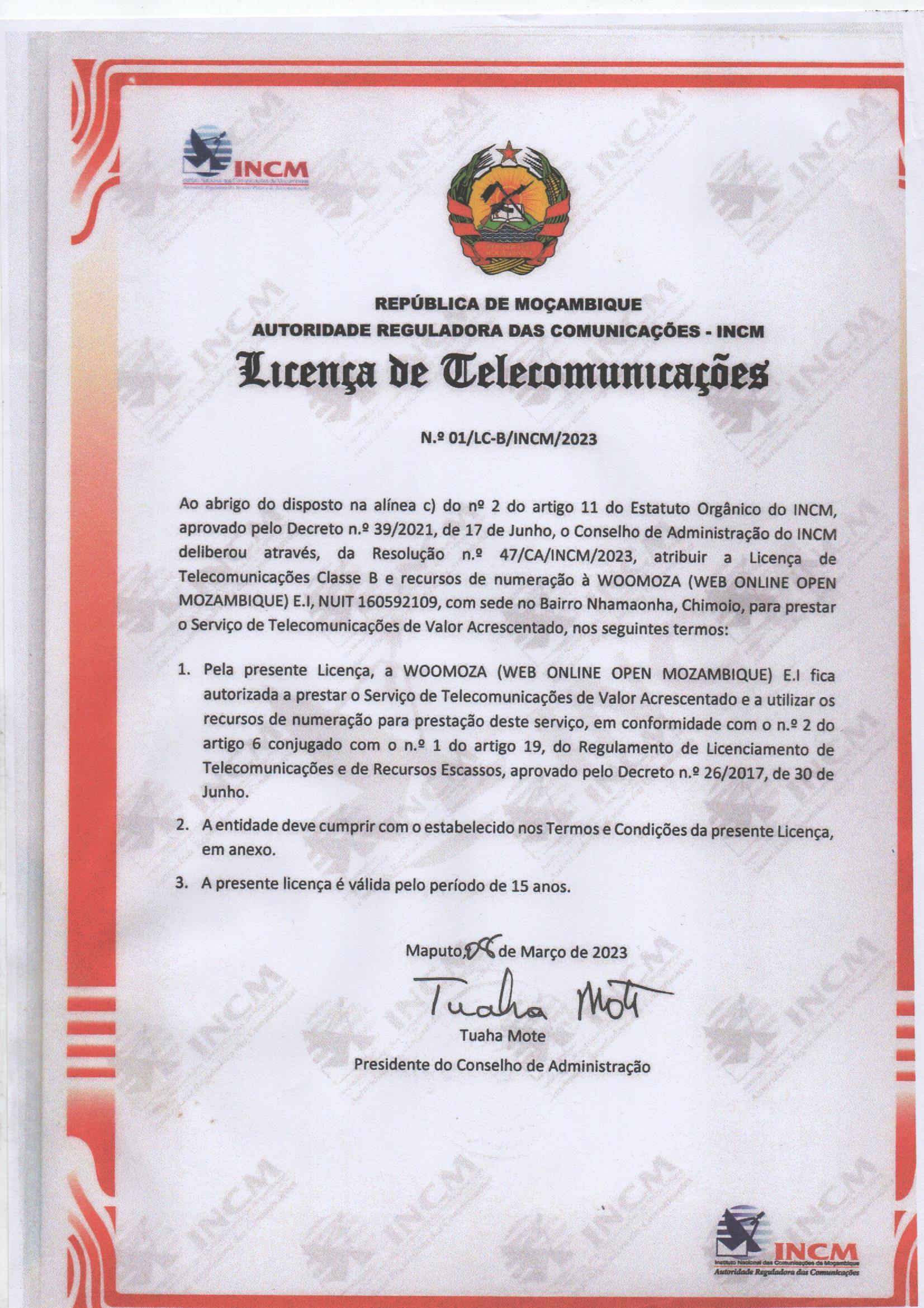 Licença INCM — MozeSMS